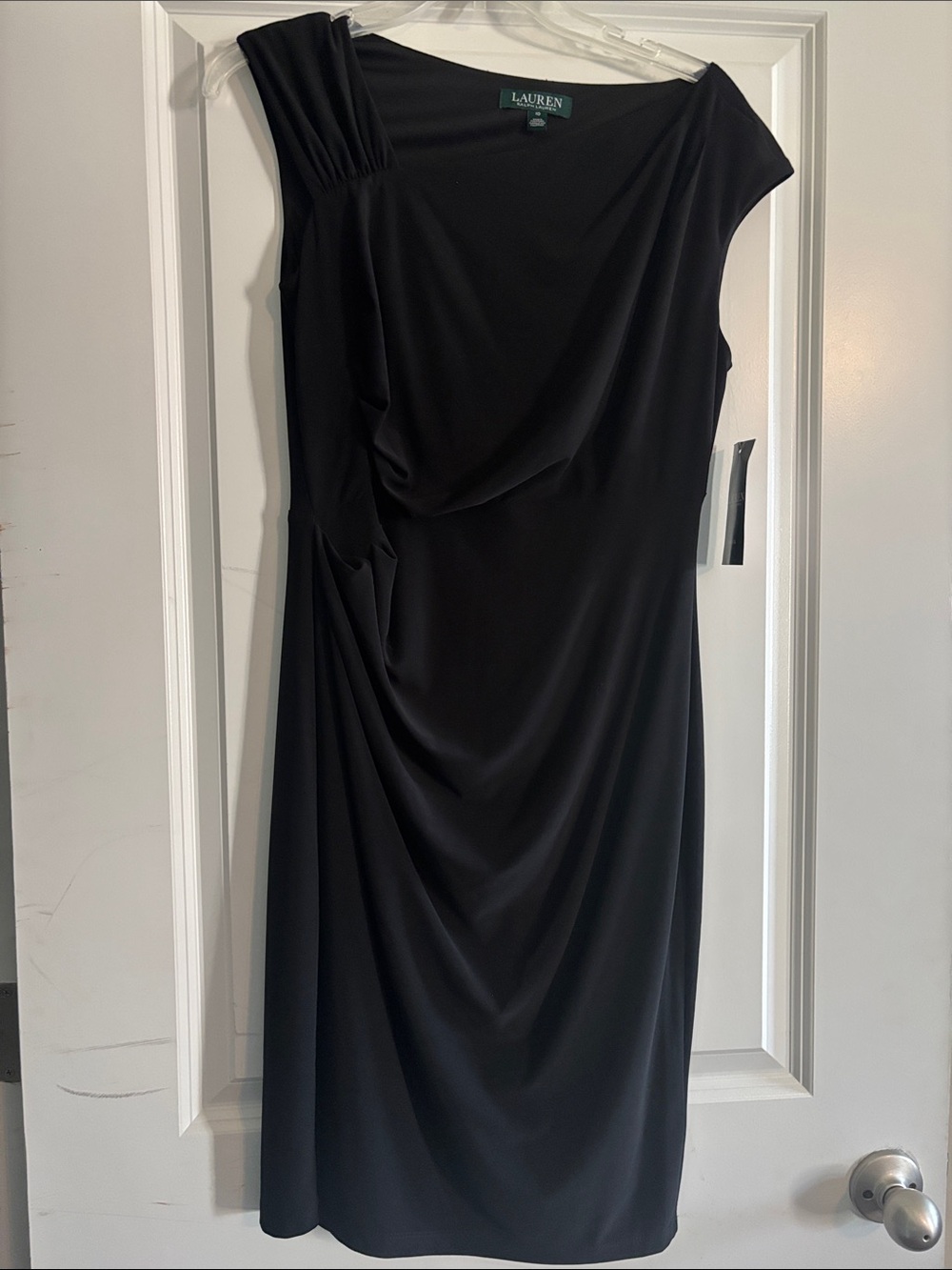 Lauren Ralph Lauren Black One-Shoulder Draped Midi Dress